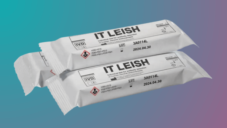 Packets of the IT-Leish rapid diagnostic test (RDT) for visceral leishmaniasis are displayed against a gradient background transitioning from teal to purple. Each white packet is clearly labeled with identification details including "IT LEISH", lot numbers, and expiration dates, along with the IVD (in vitro diagnostic) symbol, emphasizing their use in medical diagnostics. The packets are partially overlapped, focusing on their essential information and sterile packaging.